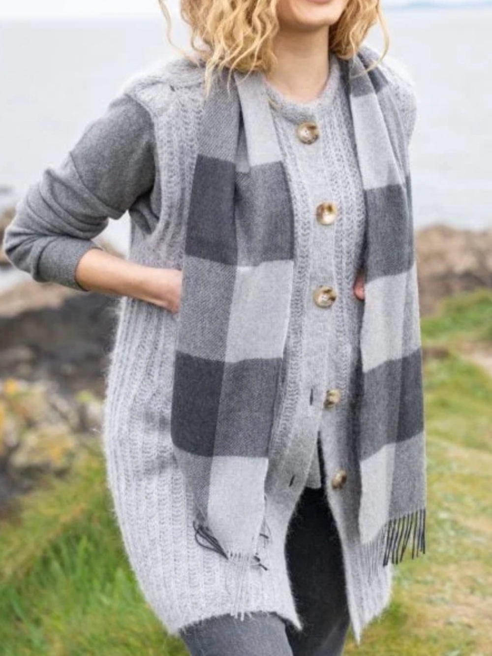 Porter & Ash Merino Luxury Wool Scarf Grey Mix Block Check Unisex